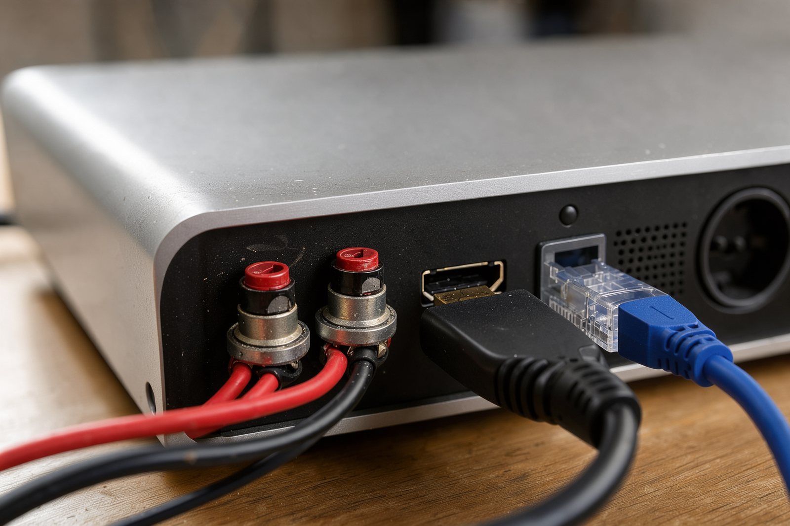 Detailansicht der Lautsprecher-, HDMI- und Netzwerkanschlüsse eines Streaming-Verstärkers