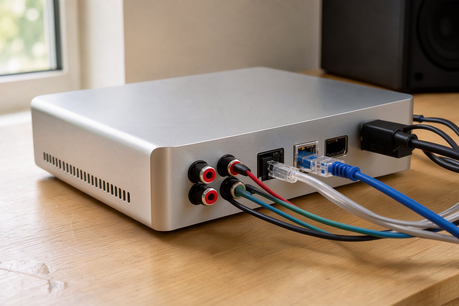 Anschlussbereich eines Musikstreamers mit Cinch-, Netzwerk- und HDMI-Verbindungen