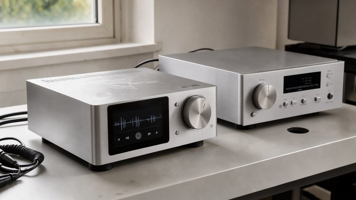 Silberner Netzwerk-Musikstreamer mit Touchscreen neben einem HiFi-Verstärker
