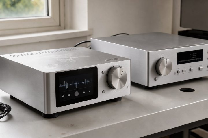 Silberner Netzwerk-Musikstreamer mit Touchscreen neben einem HiFi-Verstärker