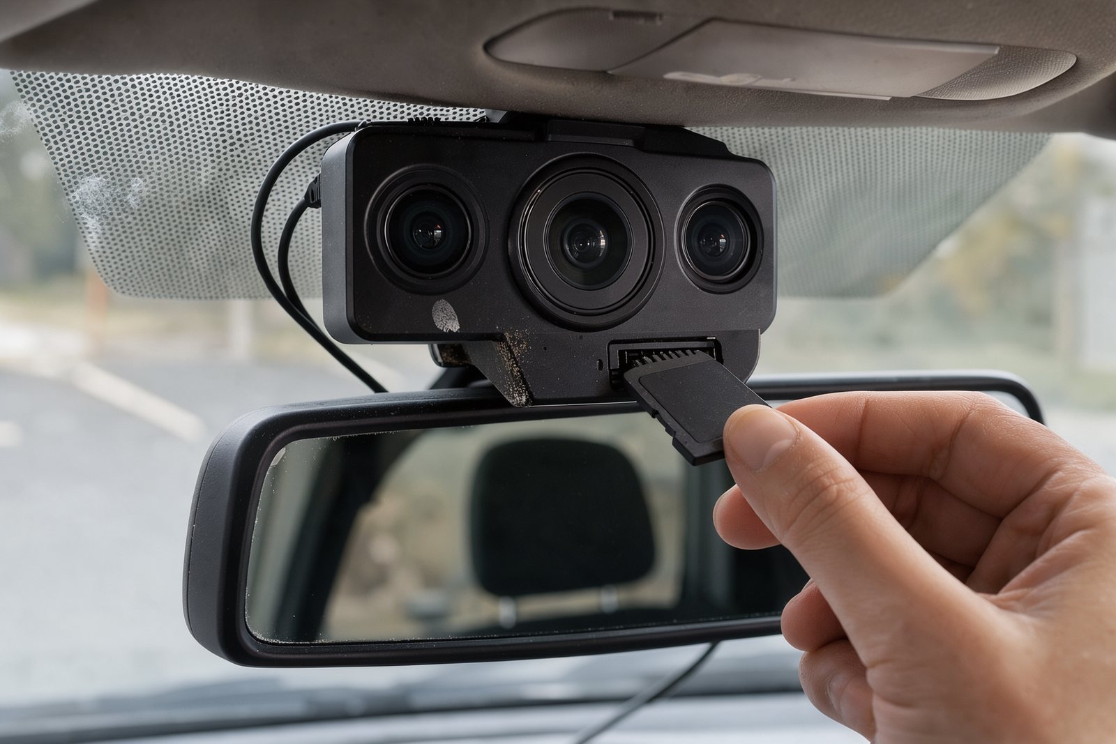 Detail einer Dashcam hinter dem Rückspiegel mit eingelegter Speicherkarte