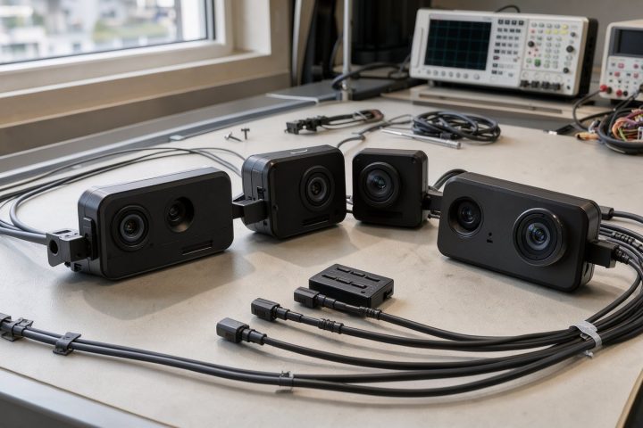 Vierkanal-Dashcam mit Front- und Heckmodul auf einer Arbeitsfläche