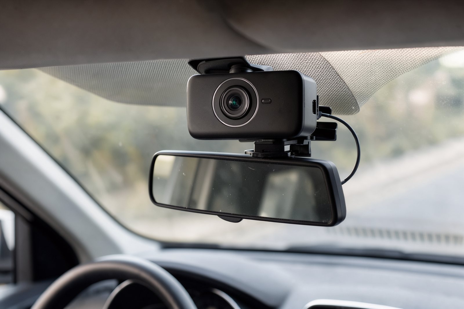 Detail einer drehbaren Dashcam hinter dem Innenspiegel