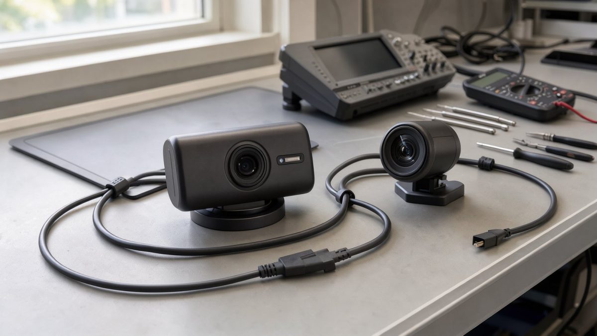 Drehbare Dashcam mit separater Heckkamera auf einem Arbeitstisch