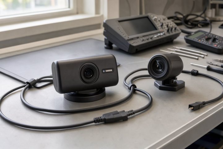 Drehbare Dashcam mit separater Heckkamera auf einem Arbeitstisch