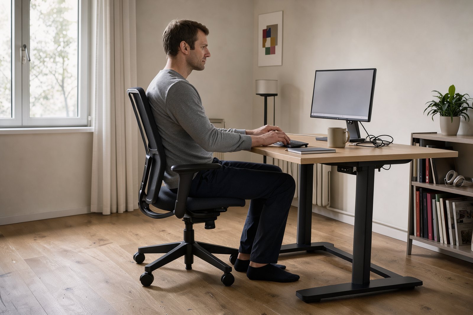 Illustrative Arbeitsplatzszene mit Netzstuhl und höhenverstellbarem Schreibtisch