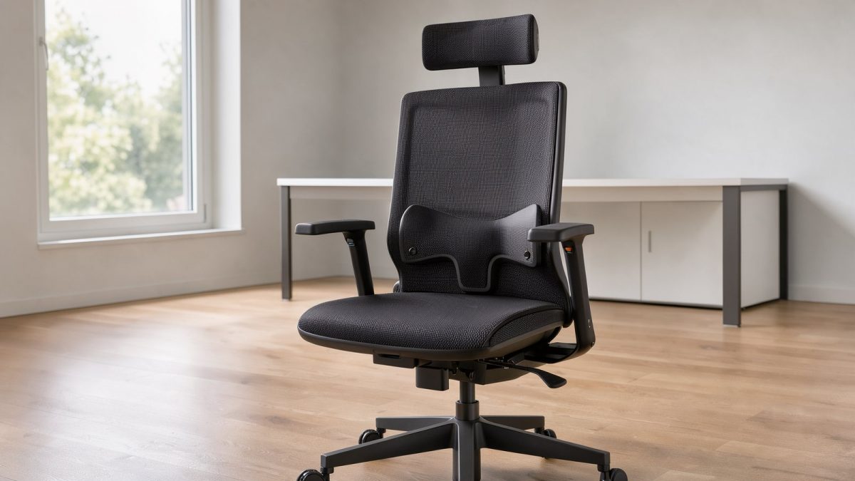 Illustrative Ansicht eines ergonomischen Netz-Bürostuhls mit Kopfstütze