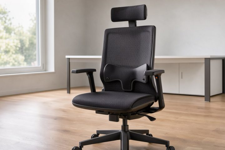 Illustrative Ansicht eines ergonomischen Netz-Bürostuhls mit Kopfstütze