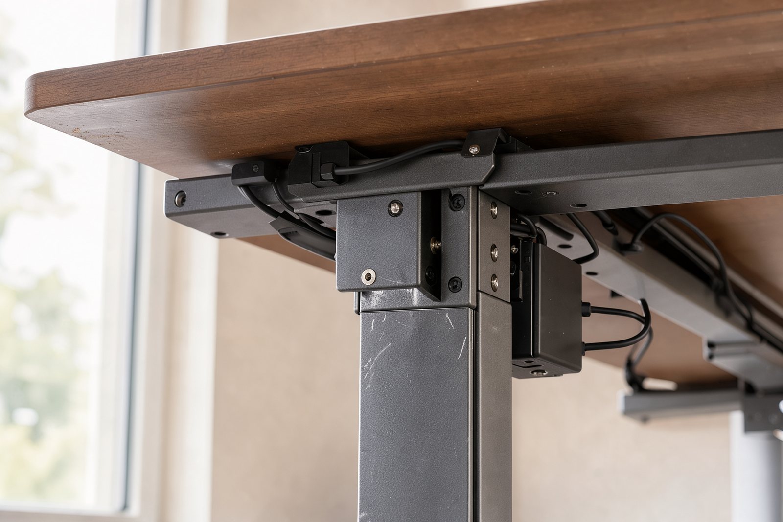 Detailansicht von Teleskopbein, Quertraverse und Kabelführung eines Sitz-Steh-Tisches