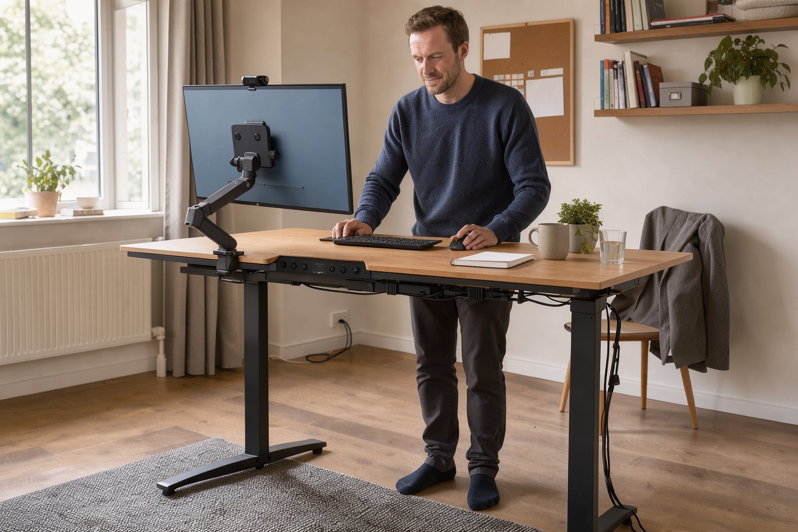 Ergonomisch eingerichteter Steharbeitsplatz mit Monitorarm und elektrischer Höhenverstellung