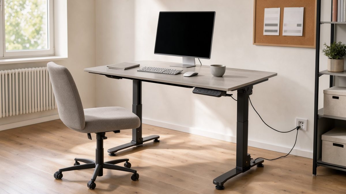 Elektrisch höhenverstellbarer Schreibtisch mit Teleskopbeinen im Homeoffice