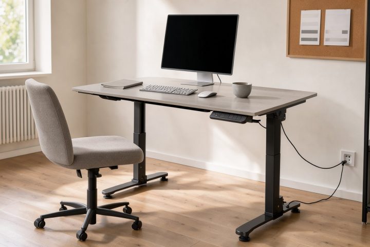 Elektrisch höhenverstellbarer Schreibtisch mit Teleskopbeinen im Homeoffice