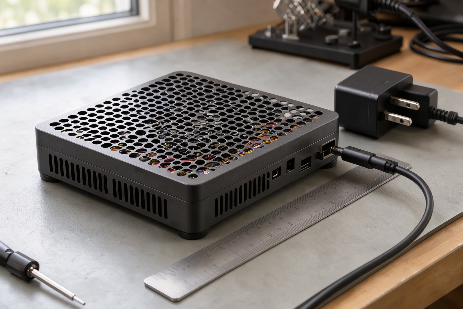 Symbolbild eines Mini-PCs mit Netzteil und Lineal auf einer Arbeitsfläche