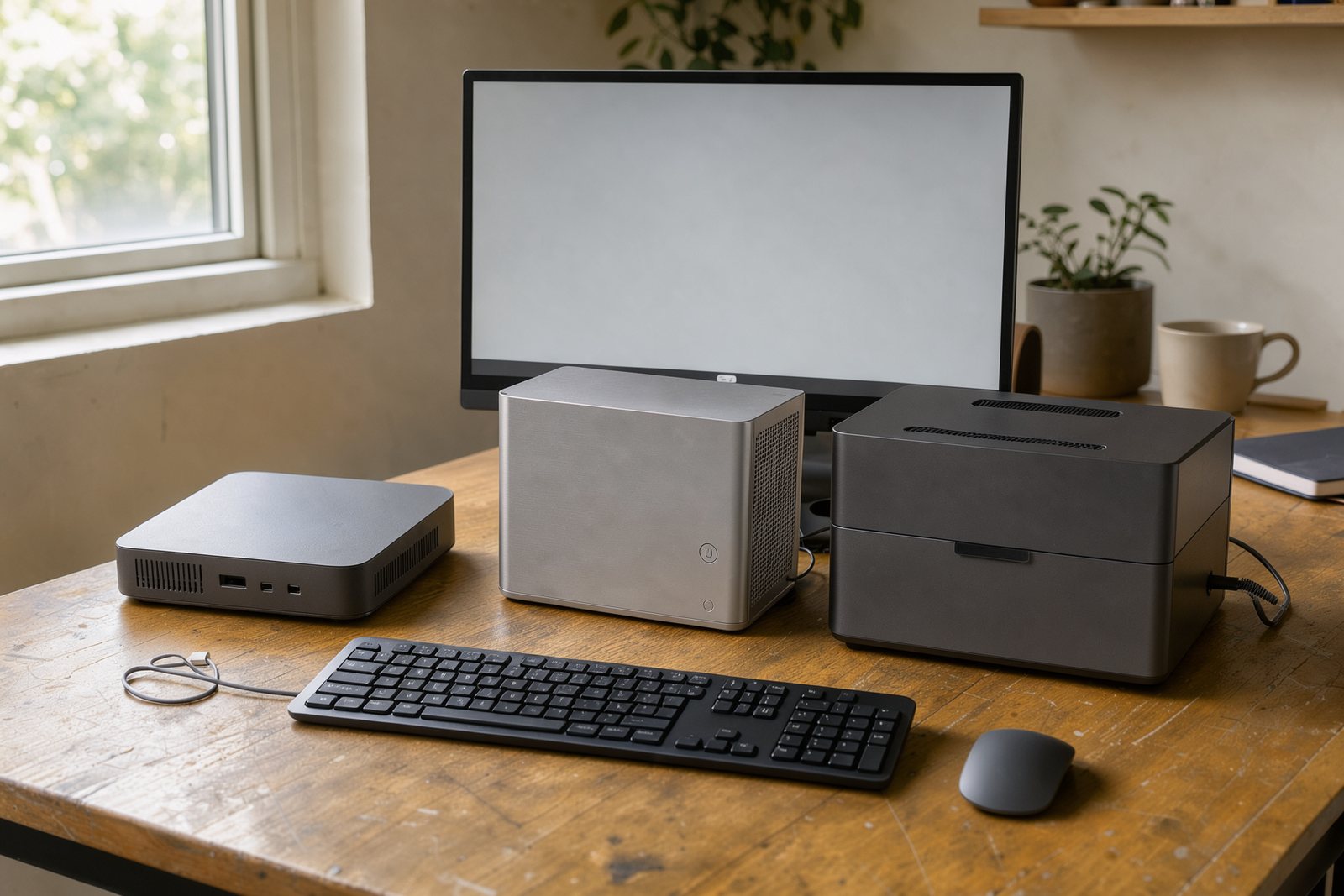 Symbolischer Größenvergleich dreier Mini-PCs an einem Büroarbeitsplatz