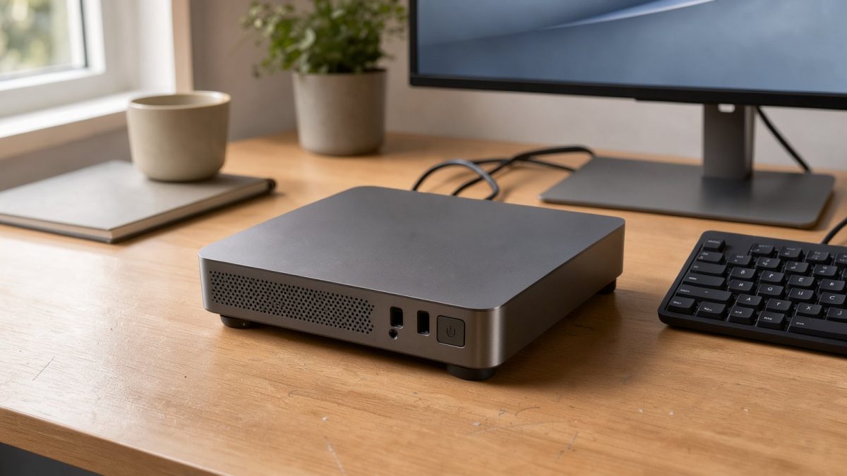 Symbolbild eines kompakten Mini-PCs auf einem aufgeräumten Büroarbeitsplatz