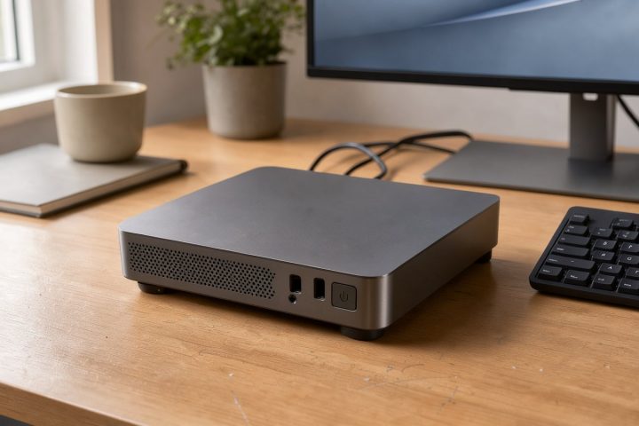 Symbolbild eines kompakten Mini-PCs auf einem aufgeräumten Büroarbeitsplatz