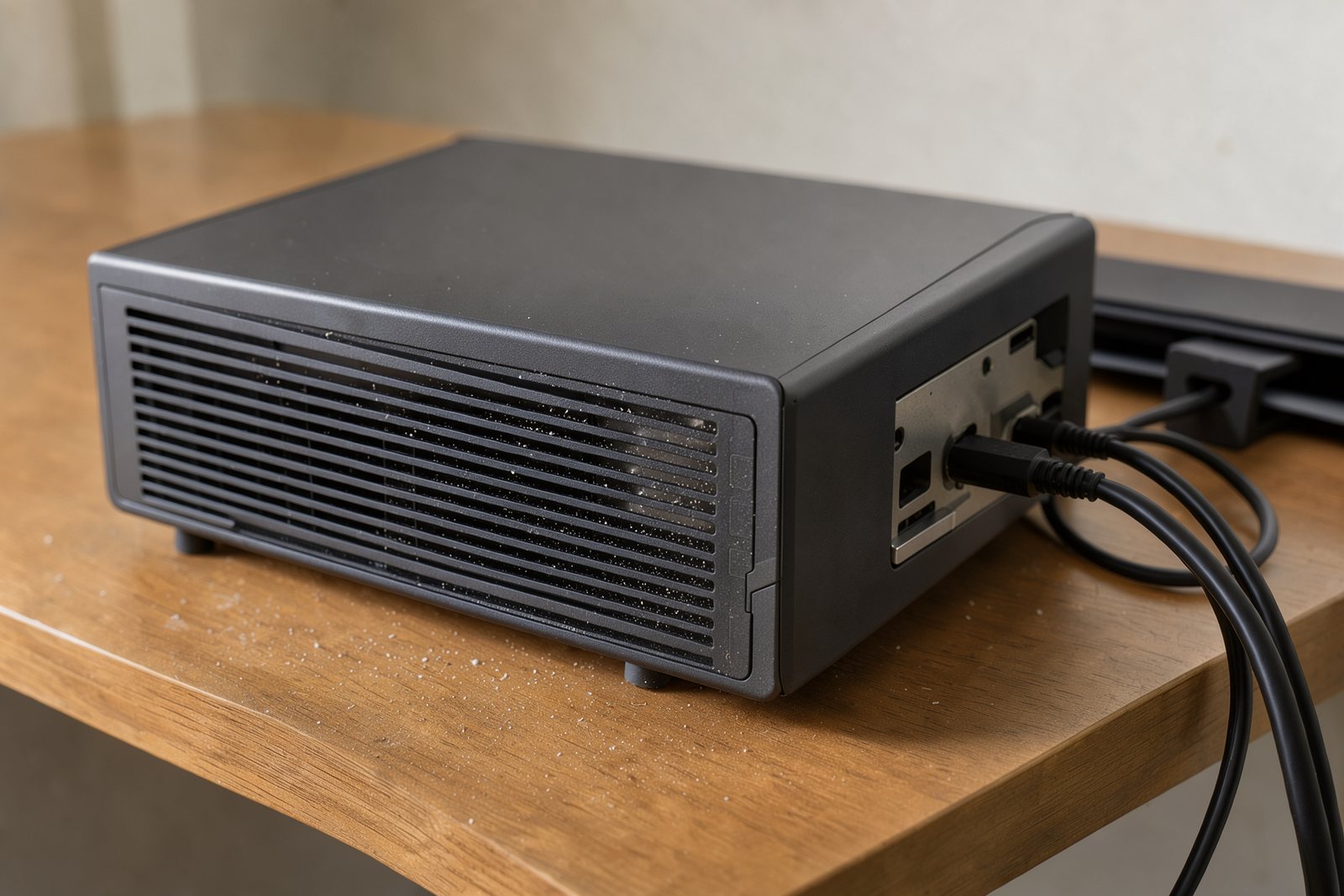 Symbolische Detailaufnahme von Lüftungsöffnungen und Kabelführung eines Mini-PCs