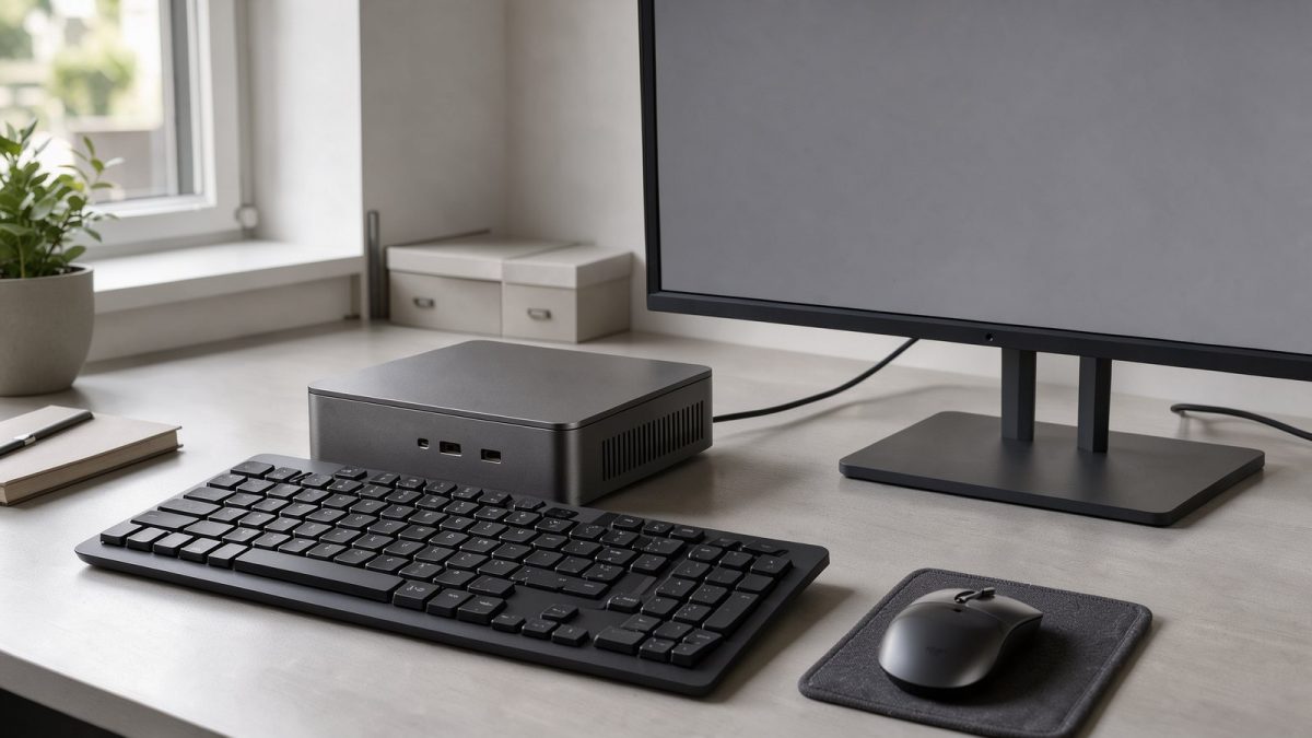 Symbolbild eines kompakten Mini-PCs an einem aufgeräumten Arbeitsplatz
