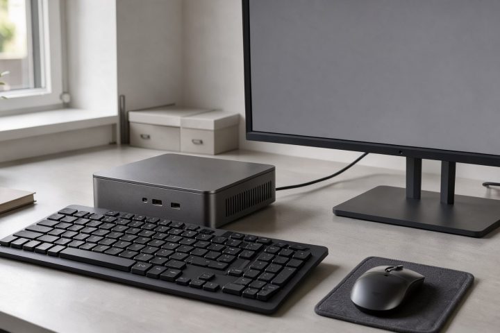Symbolbild eines kompakten Mini-PCs an einem aufgeräumten Arbeitsplatz