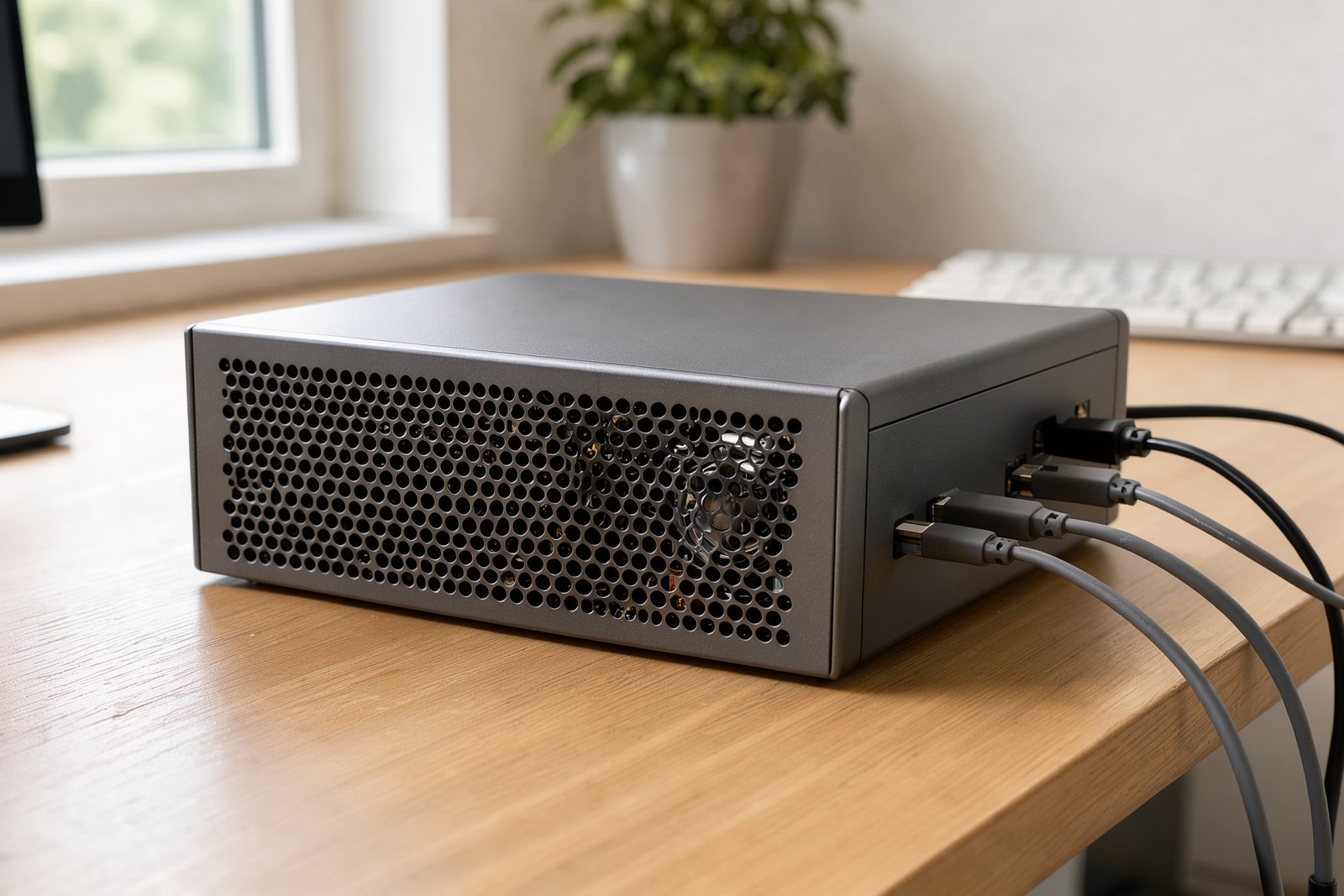 Symbolische Detailansicht von Lüftungsöffnungen und Kabeln eines Mini-PCs