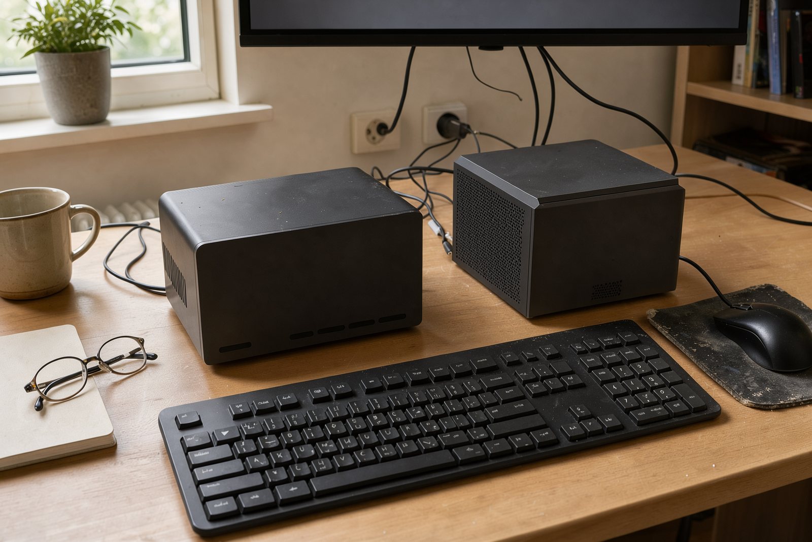 Symbolbild zweier Mini-PCs neben einer Tastatur im Homeoffice