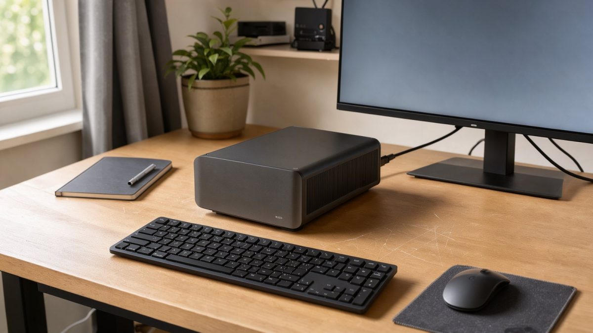 Symbolbild eines kompakten Mini-PCs auf einem Büroarbeitsplatz