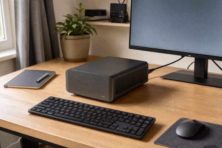 Symbolbild eines kompakten Mini-PCs auf einem Büroarbeitsplatz