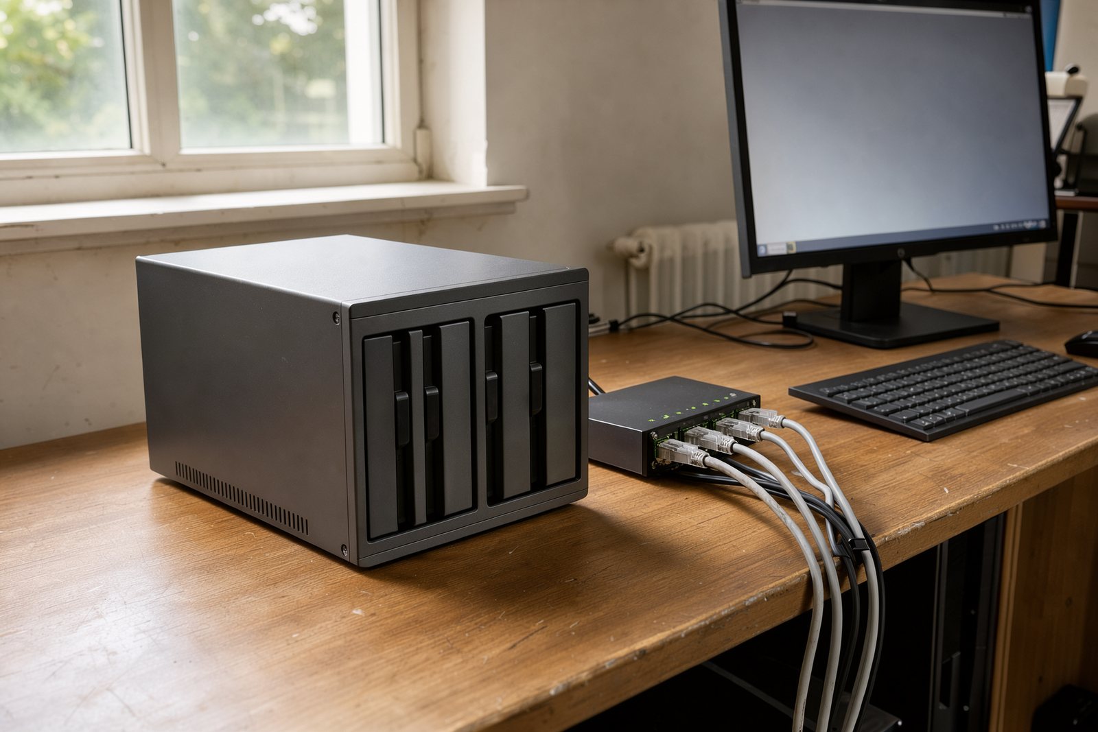 Symbolbild eines Vier-Bay-NAS mit Netzwerk-Switch im heimischen Arbeitszimmer