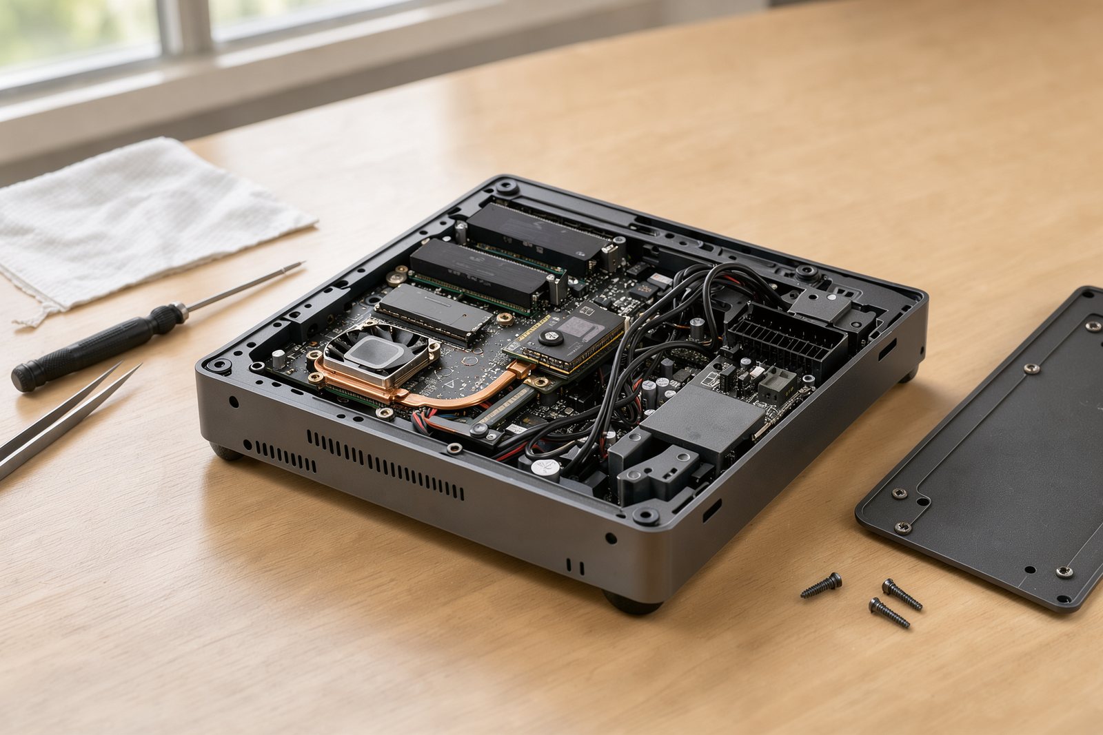 Symbolbild eines geöffneten Mini-PCs mit Arbeitsspeicher und M.2-SSD