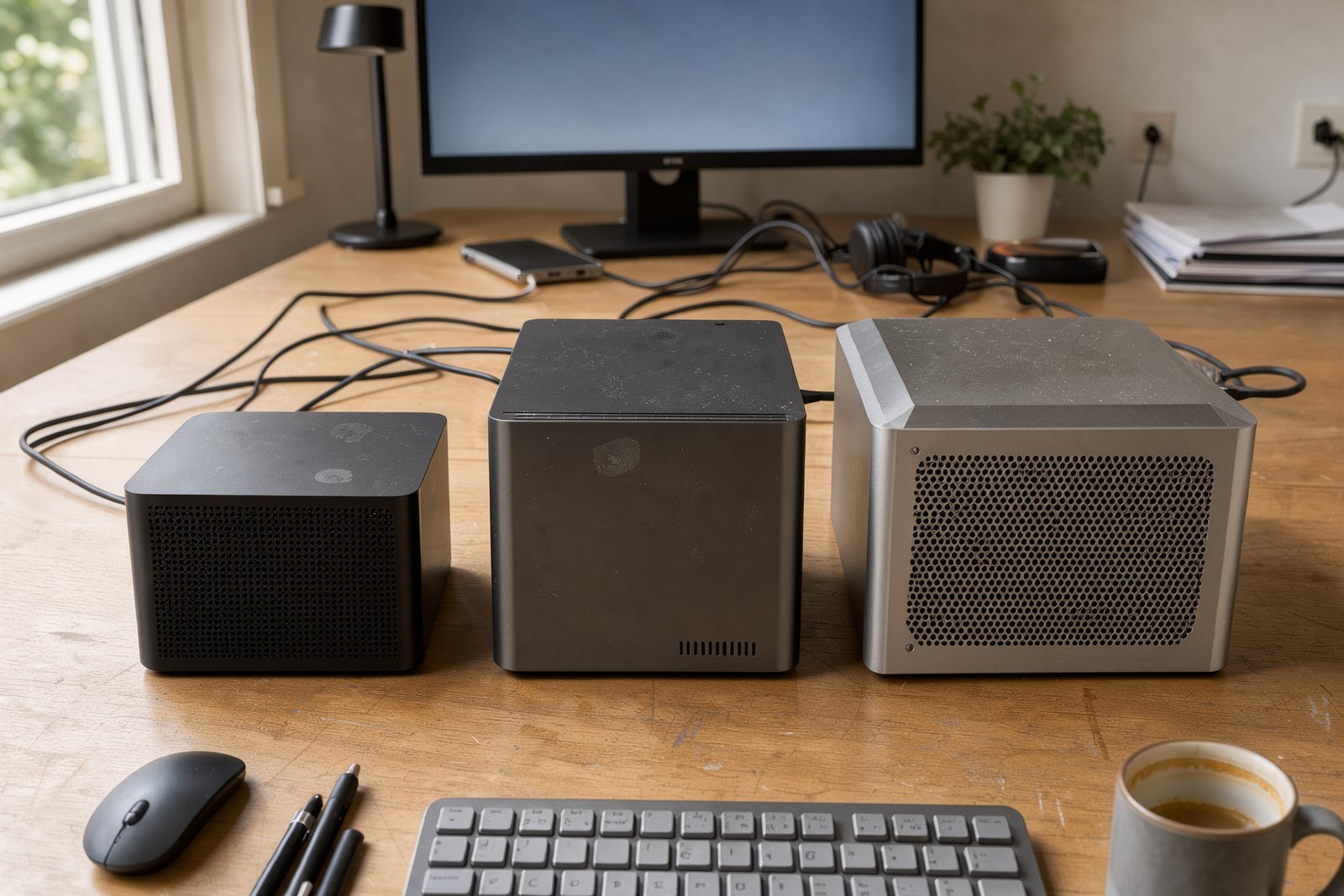 Symbolbild mehrerer Mini-PCs im Größenvergleich auf einem Schreibtisch