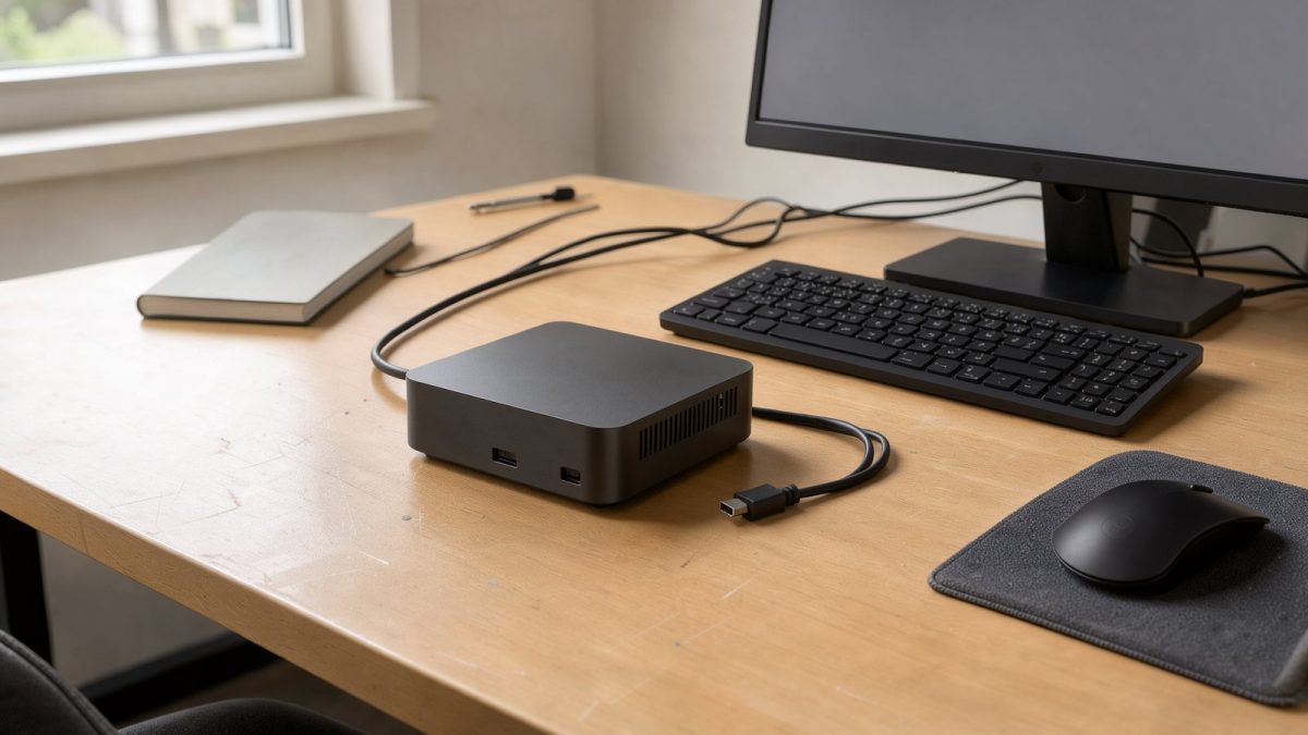 Symbolbild eines kompakten Mini-PCs auf einem aufgeräumten Büroarbeitsplatz