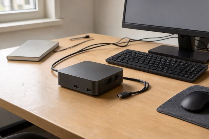 Symbolbild eines kompakten Mini-PCs auf einem aufgeräumten Büroarbeitsplatz