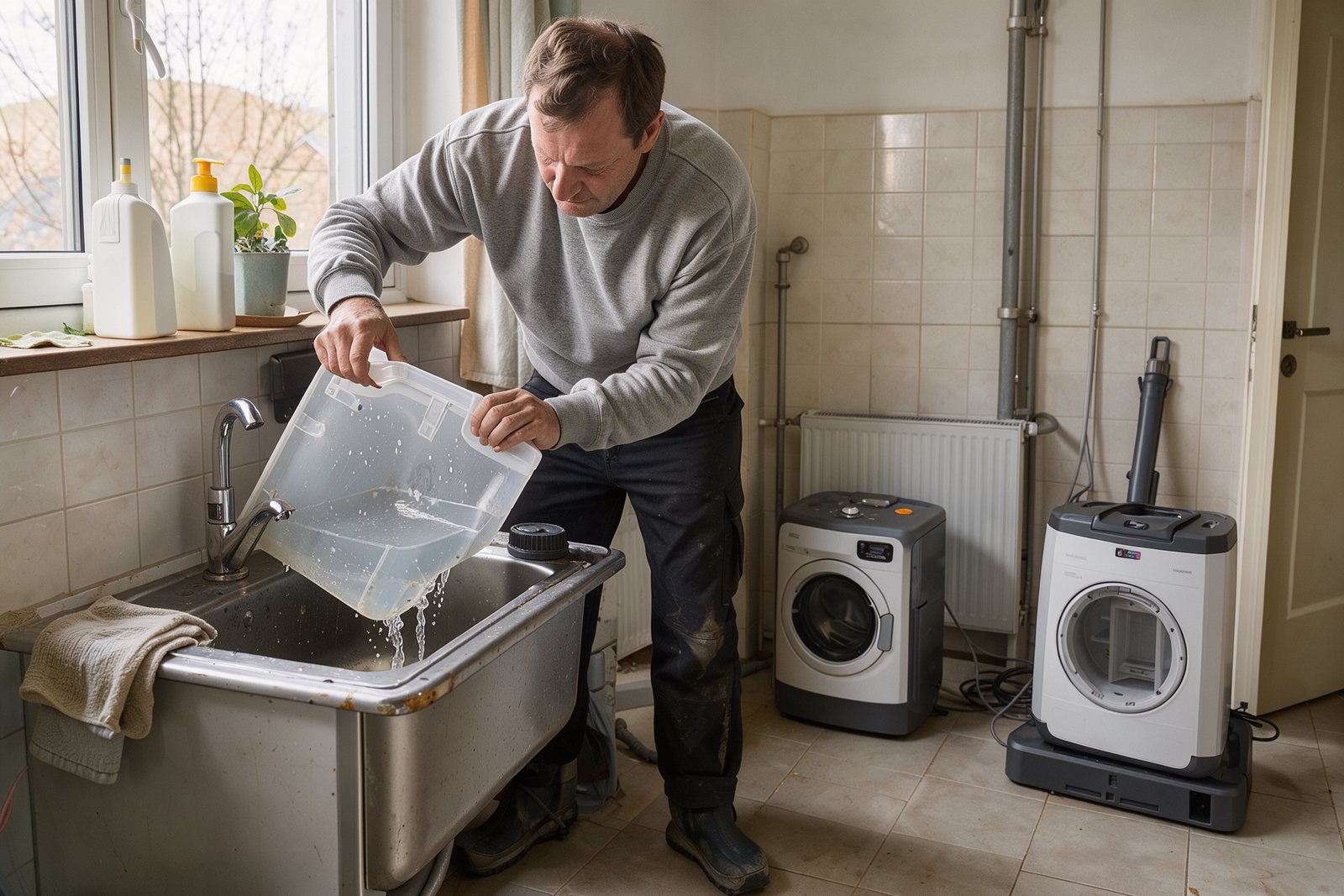 Symbolbild der manuellen Entleerung eines Schmutzwassertanks nach der Bodenreinigung