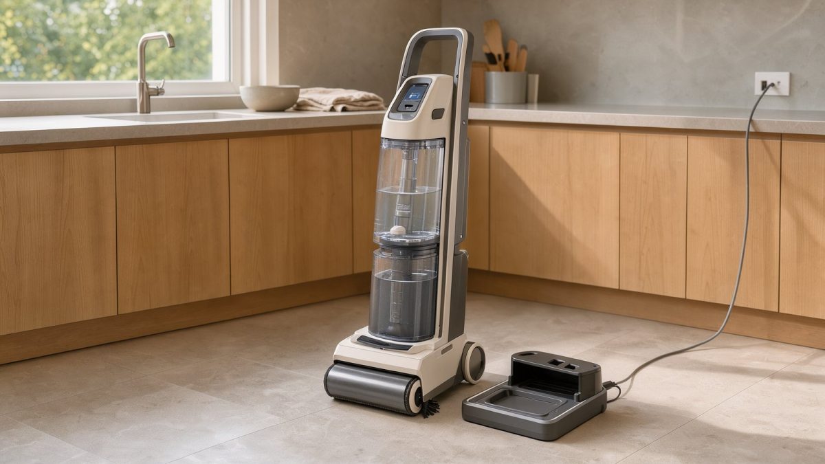 Akku-Wischsauger mit Reinigungsstation auf einem Küchenboden