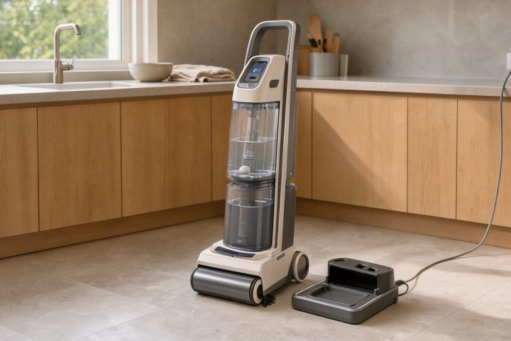 Akku-Wischsauger mit Reinigungsstation auf einem Küchenboden