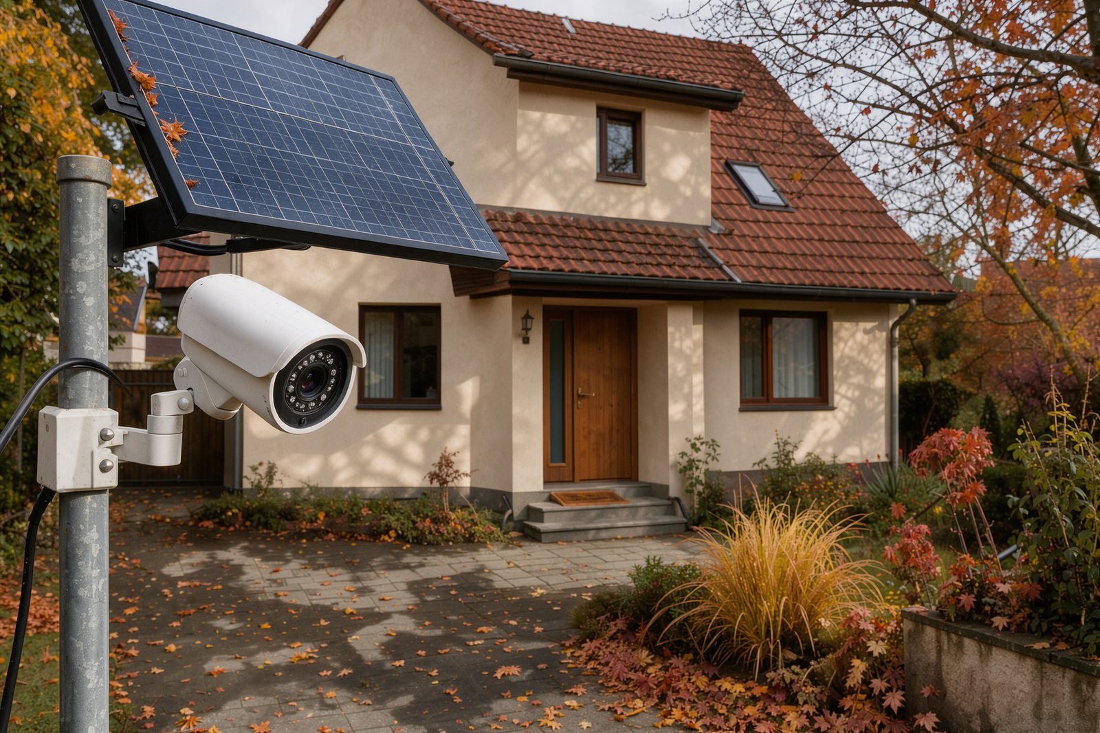 Symbolbild einer Solarkamera an einem privaten Hauseingang