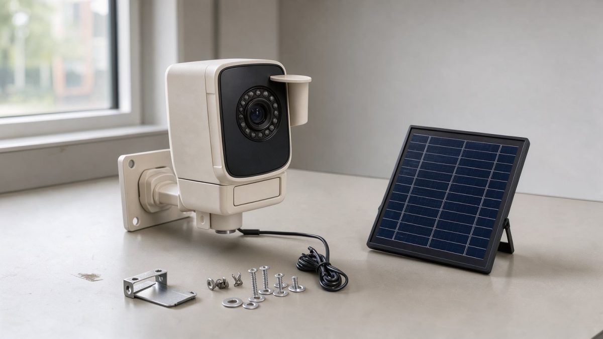 Symbolbild einer Akku-Überwachungskamera mit Solarpanel auf einem Arbeitstisch