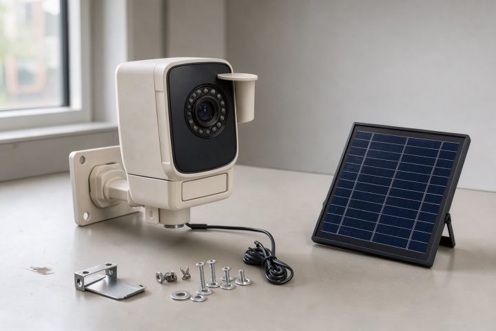 Symbolbild einer Akku-Überwachungskamera mit Solarpanel auf einem Arbeitstisch