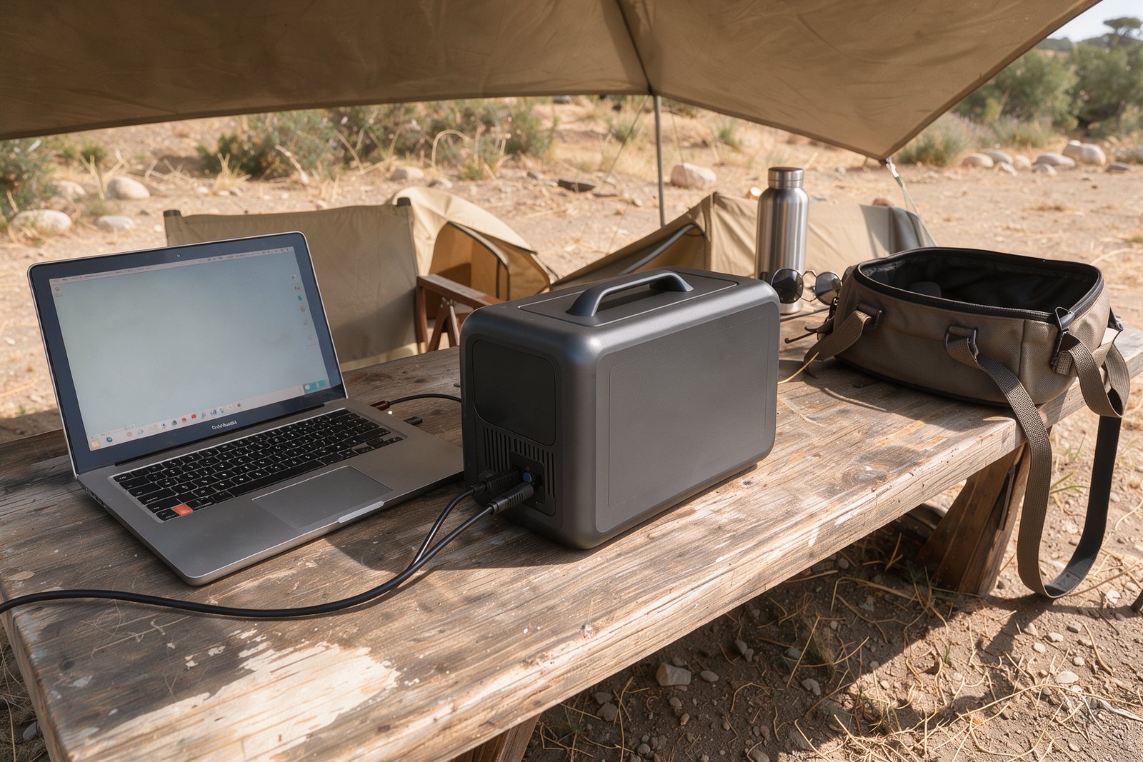 Powerstation versorgt einen Laptop an einem geschützten Campingtisch
