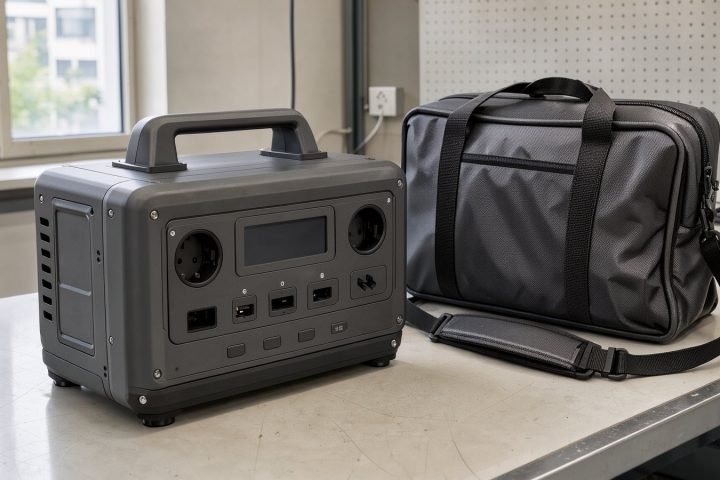 Kompakte Powerstation mit separater Tragetasche auf einem Arbeitstisch