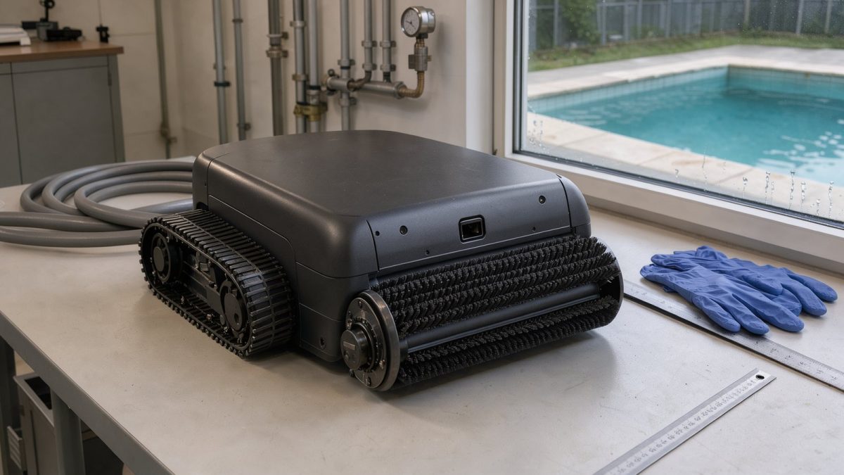 Symbolbild eines kabellosen Poolroboters mit Raupenantrieb auf einer Werkbank