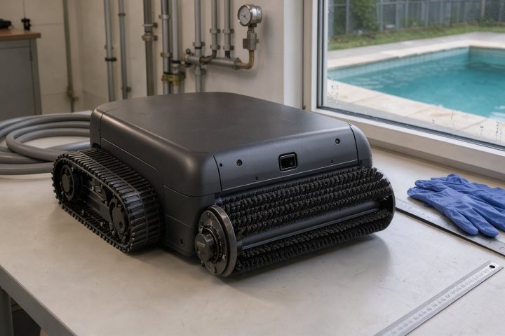 Symbolbild eines kabellosen Poolroboters mit Raupenantrieb auf einer Werkbank