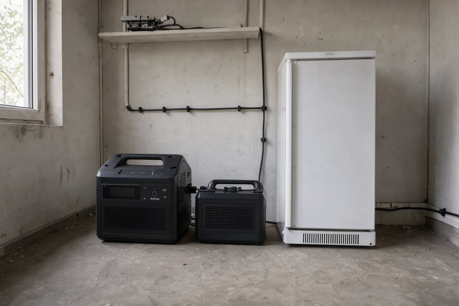 Symbolbild einer Powerstation mit Zusatzakku neben einem kleinen Kühlschrank