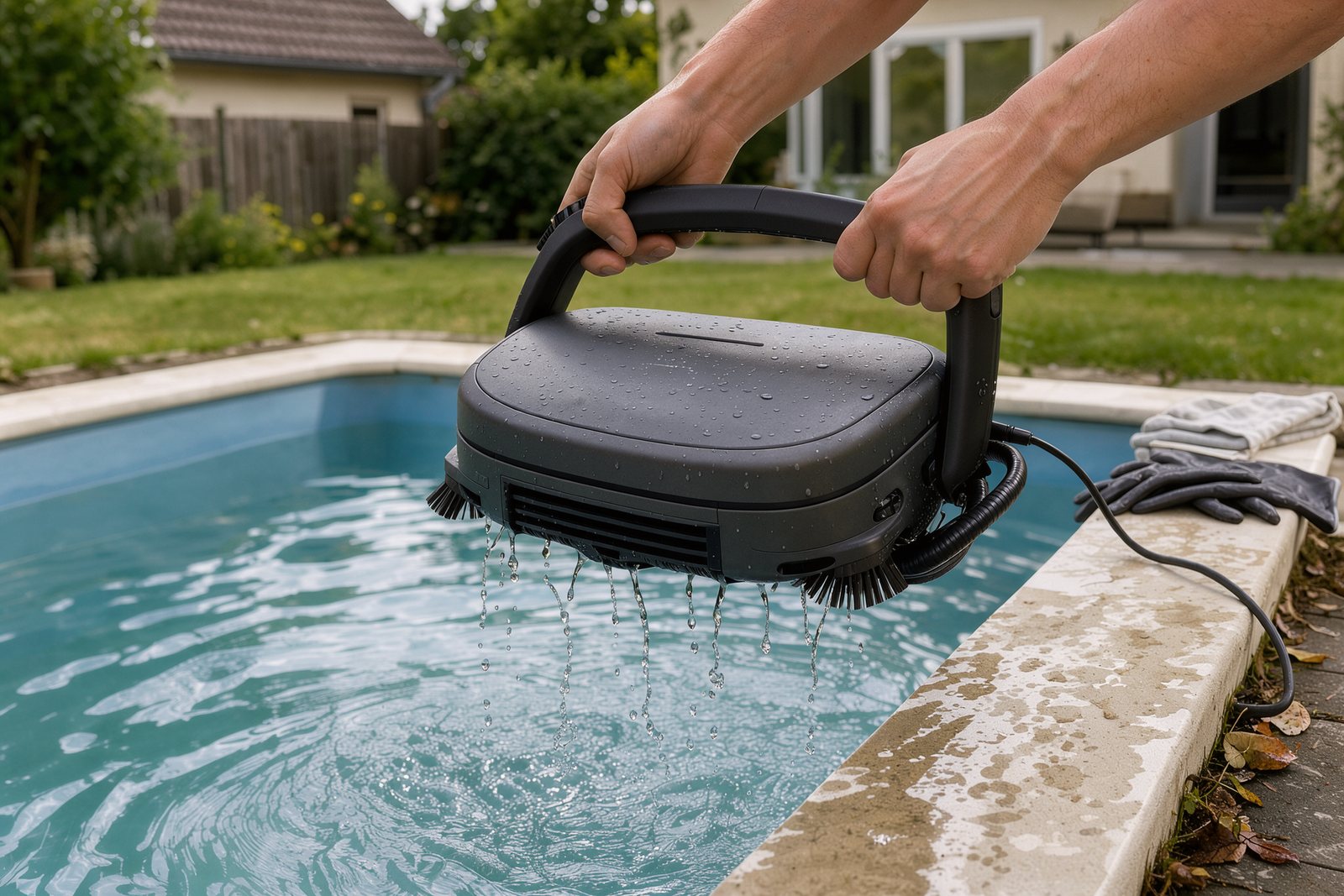 Symbolbild zur Entnahme eines Poolroboters am Beckenrand