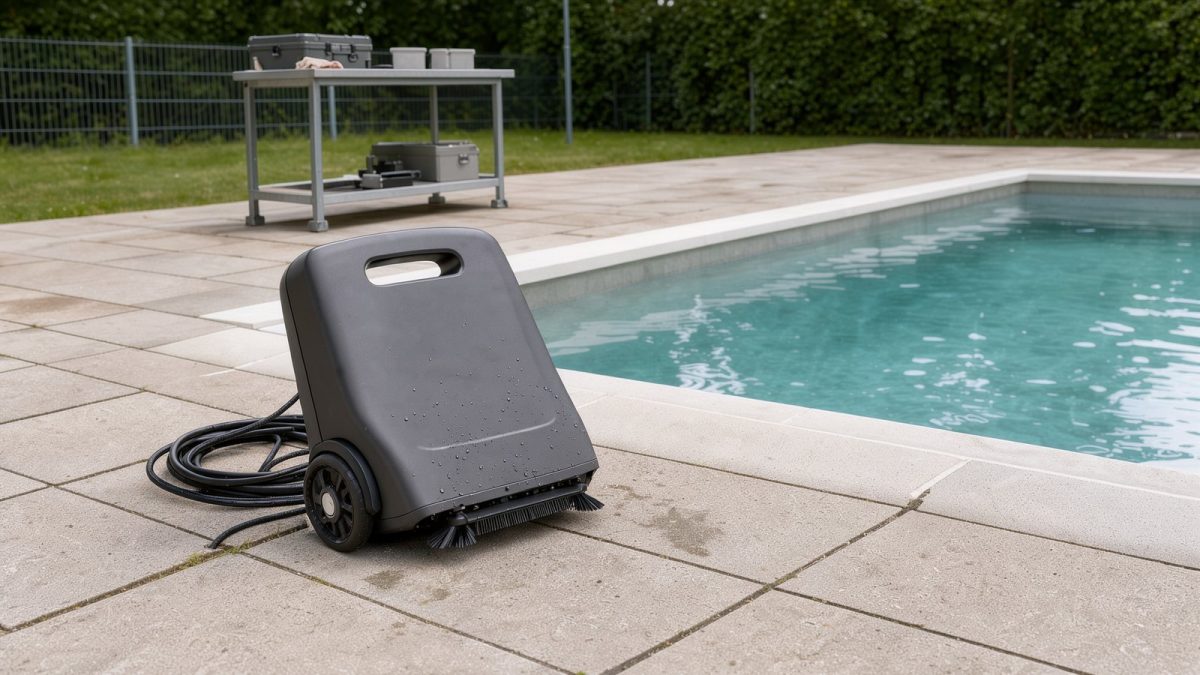 Symbolbild eines Poolroboters am Rand eines rechteckigen Gartenpools