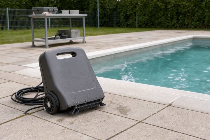 Symbolbild eines Poolroboters am Rand eines rechteckigen Gartenpools