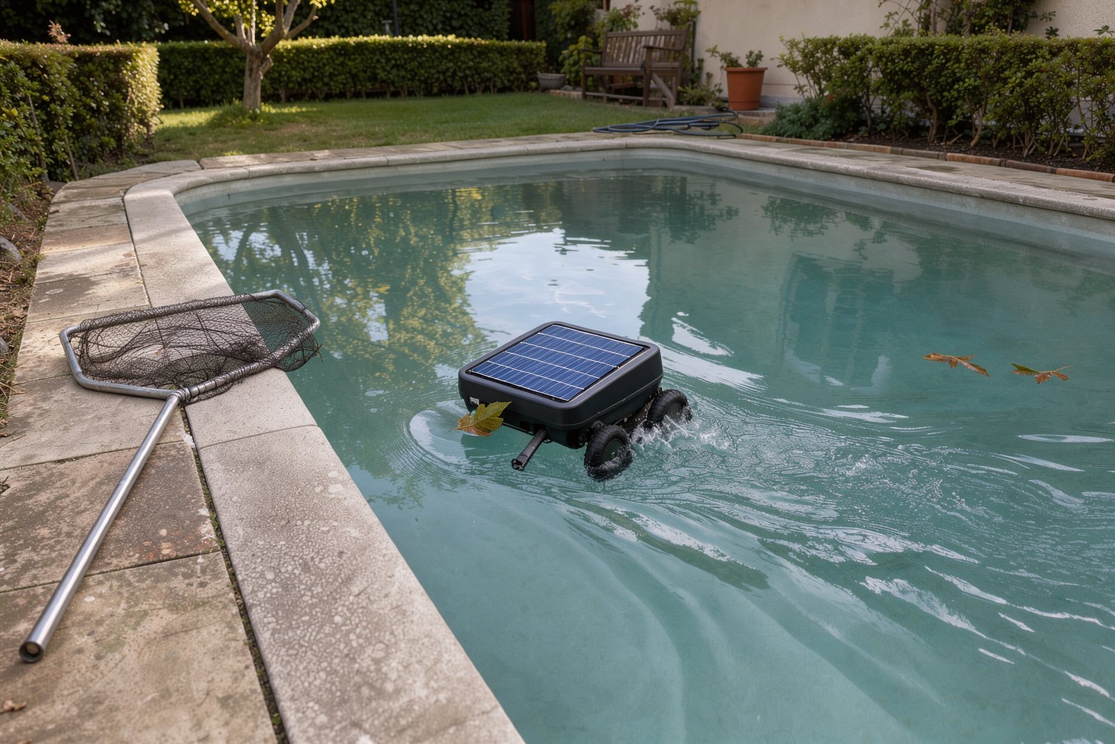 Symbolbild eines schwimmenden Solar-Poolskimmers im Gartenpool