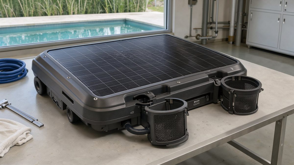 Symbolbild eines solarbetriebenen Poolskimmers mit integriertem Solarpanel