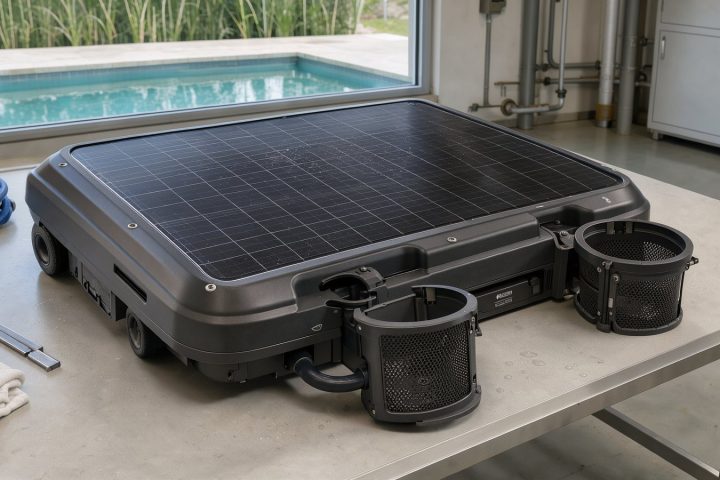 Symbolbild eines solarbetriebenen Poolskimmers mit integriertem Solarpanel