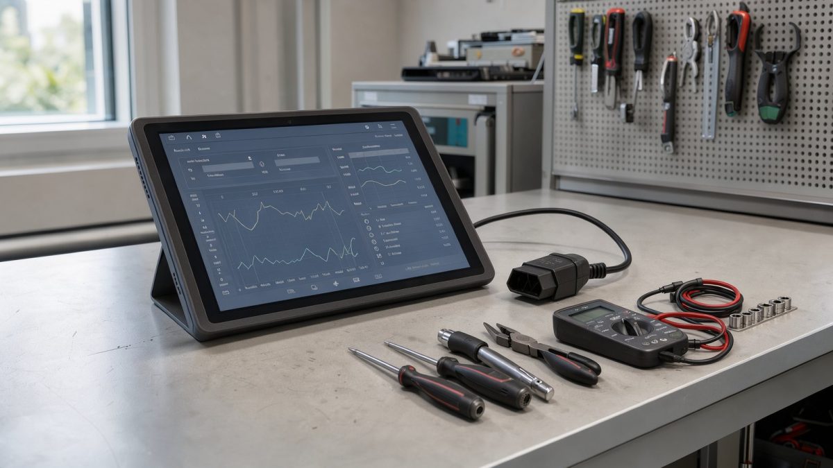 Symbolbild eines 10,1-Zoll-Diagnosetablets mit OBD-II-Anschluss auf einer Werkbank